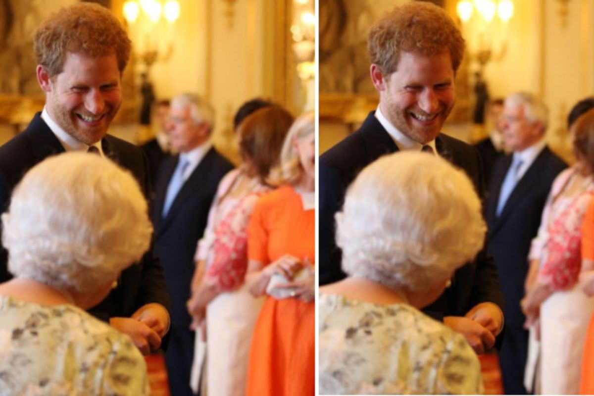 Príncipe Harry olha sorridente para a avó, Rainha Elizabeth II