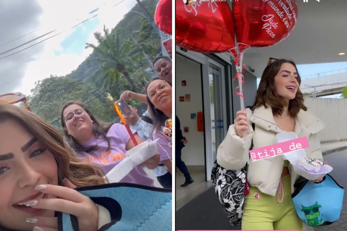 Jade Picon ganha bolo surpresa de aniversário e balões, em frente aos estúdios da TV Globo