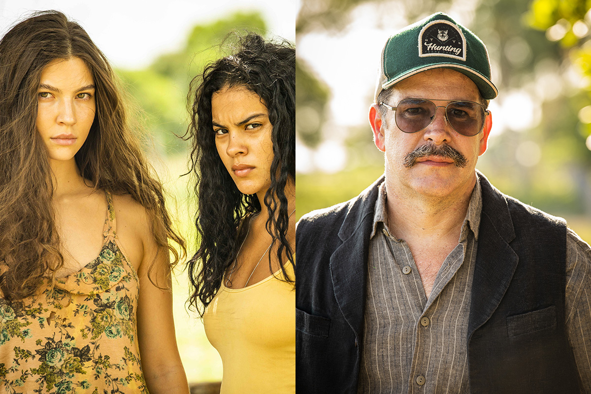 Juma (Alanis Guillen), Muda (Bella Campos) e Tenório (Murilo Benício) em Pantanal