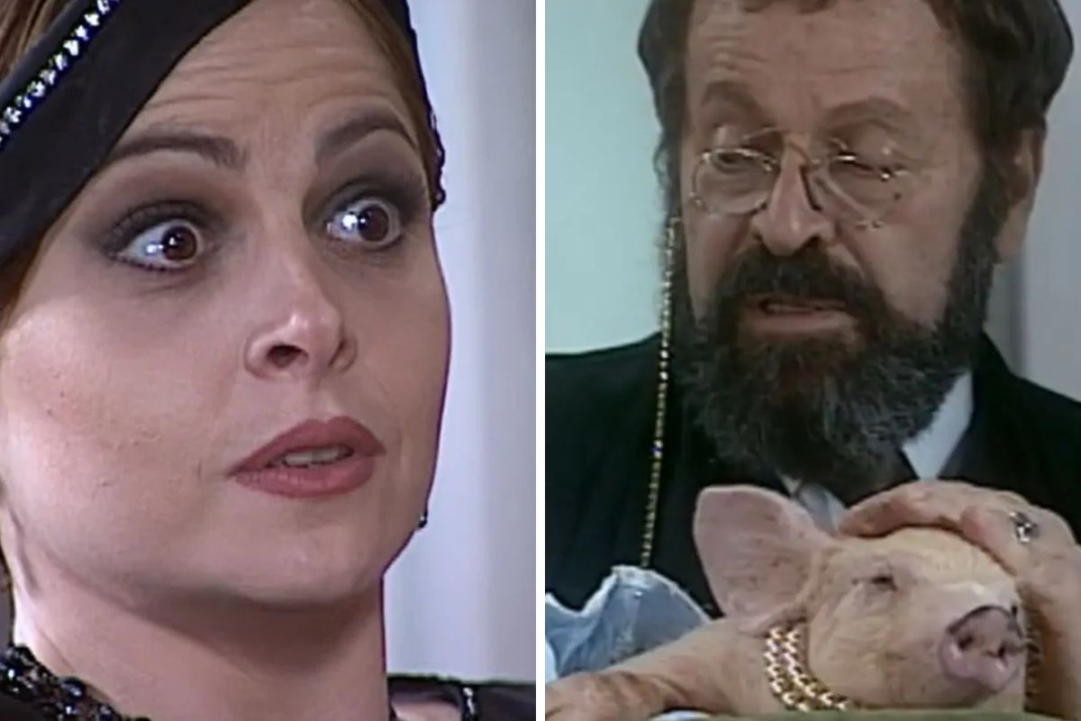 Marcela (Drica Moraes) com cara de espanto ao olhar Joaquim (Carlos Vereza) em cena de O Cravo e a Rosa
