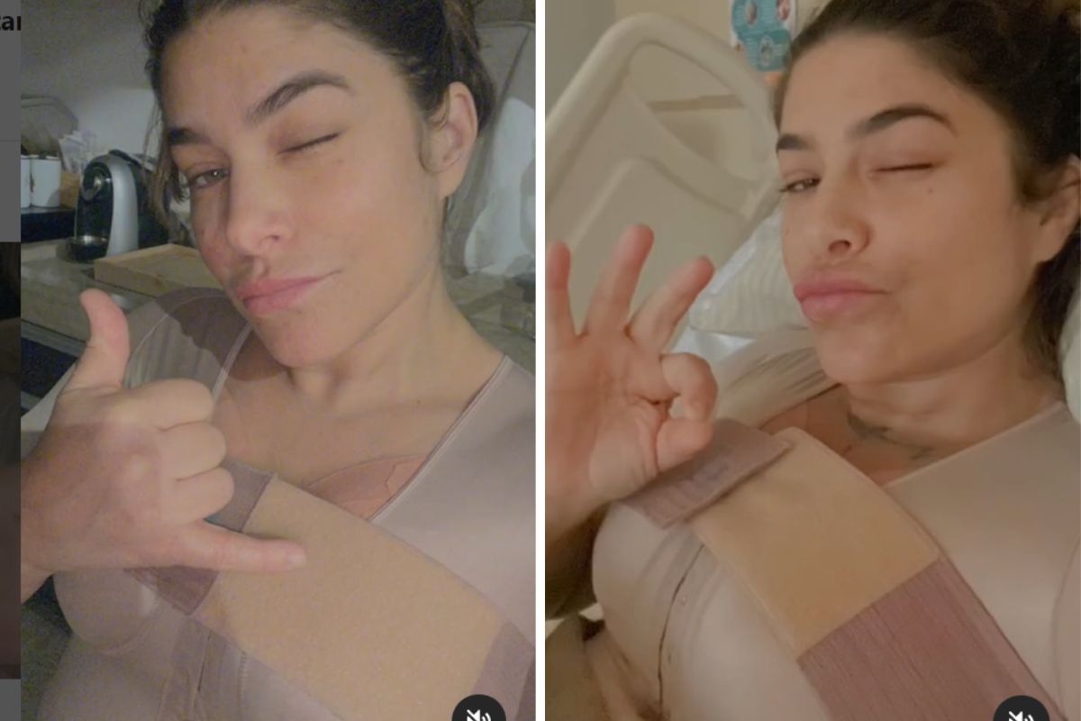 Priscila Fantin faz sinal de positivo em cama de hospital