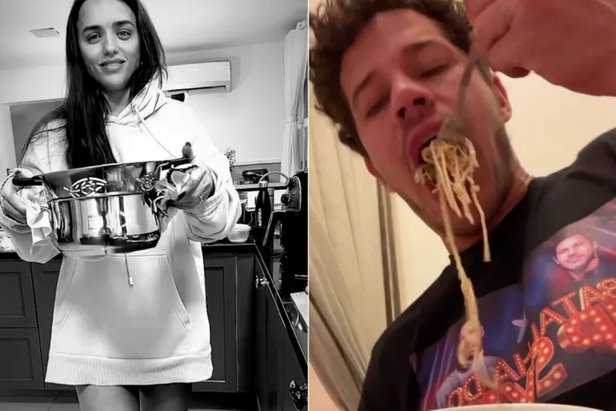 Rafa Kalimann de camisetão na cozinha, segurando uma panela - José Loreto comendo macarrão