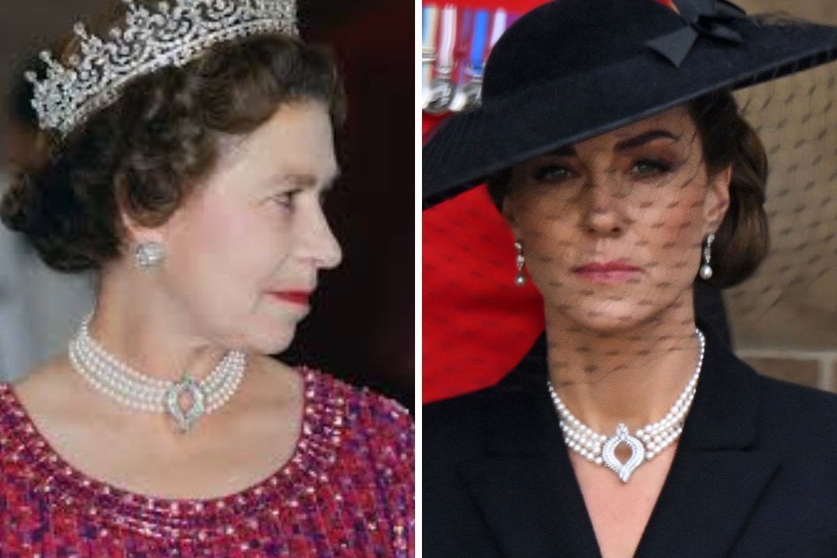 Rainha Elizabeth II e Kate Middleton, em uma montagem, usando o mesmo colar