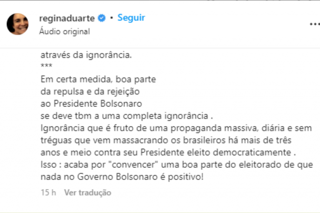 Regina Duarte faz post polêmico 