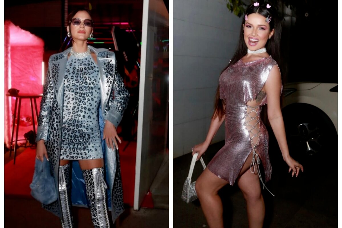 Bruna Marquezine de look onça prata e Juliette de Barbie na festa de Giovanna Ewbank