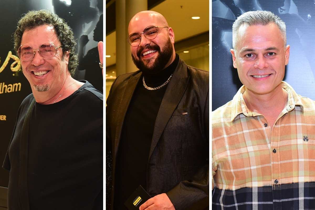 Walter Casagrande, Tiago Abravanel e Frederico Reuter posam para foto em estreia de musical