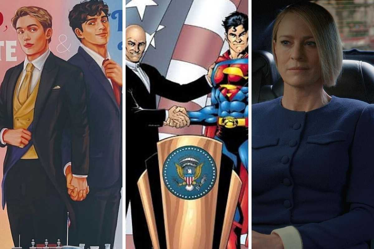 fotomontagem de arte de vermelho, branco e sangue azul, lex luthor presidente cumprimentando superman e cena de house of cards