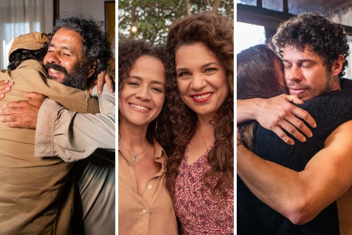 Fotomontagem de Marcos Palmeira abraçando Guito, Zuleica (Aline Borges) e Maria Bruaca (Isabel Teixeira) e José Loreto abraçando a diretora Beta Richard