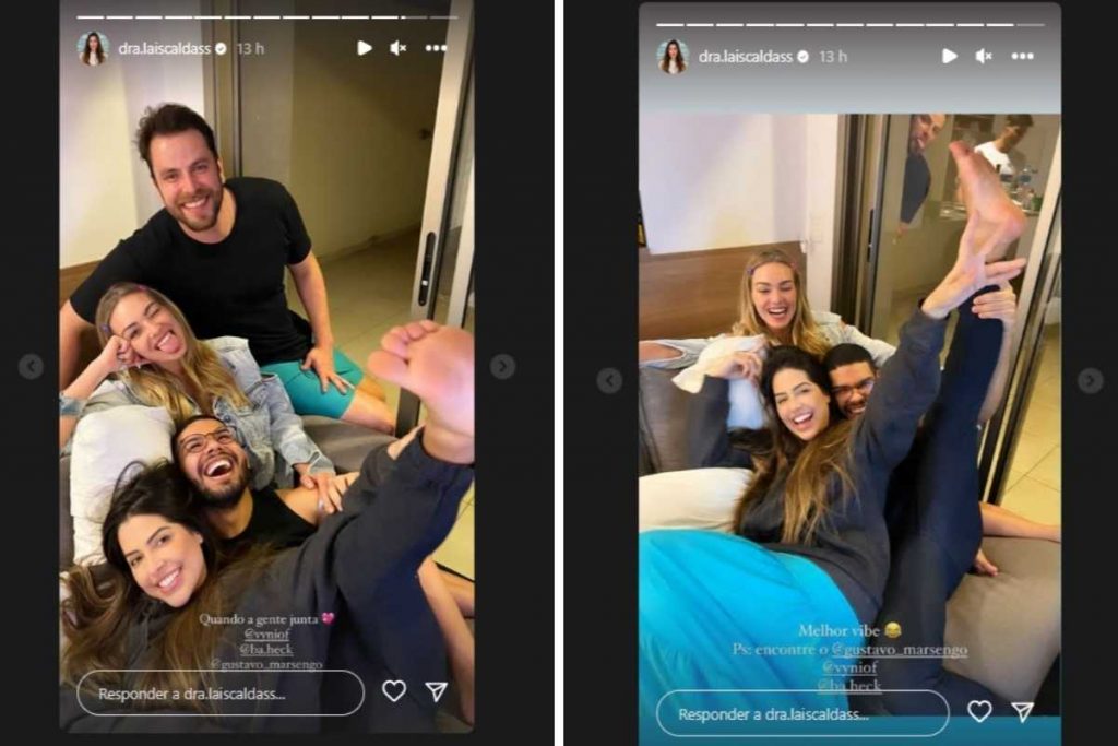 fotomontagem com stories de lais caldas no instagram se encontrando com gustavo marsengo, barbara heck e vyni