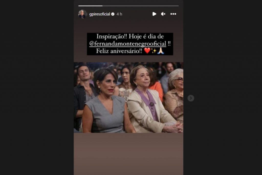 Stories de Gloria Pires parabenizando Fernanda Montenegro no Instagram