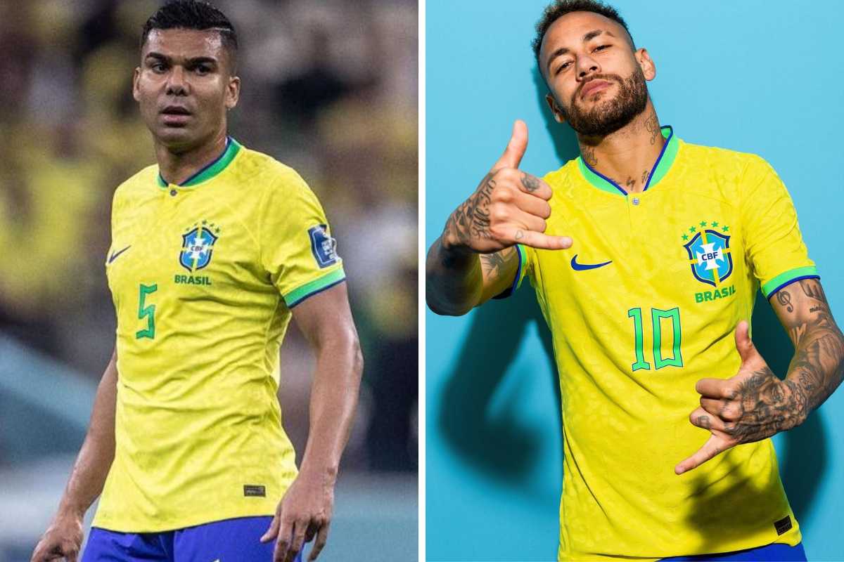 fotomontagem de casemiro e neymar posando com camiseta do brasil