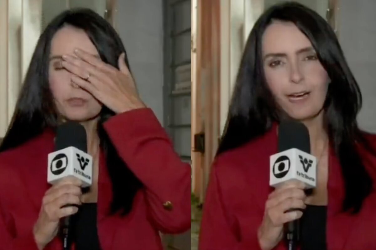 Vanessa Medeiros de blazer vermelho, segurando microfone da Globo