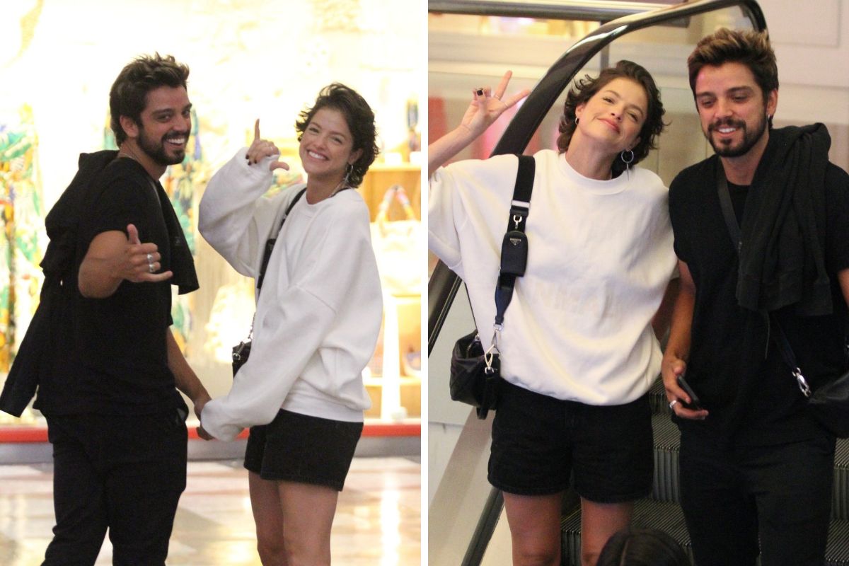 Agatha Moreira e Rodrigo Simas sorridentes em shopping no Rio de Janeiro