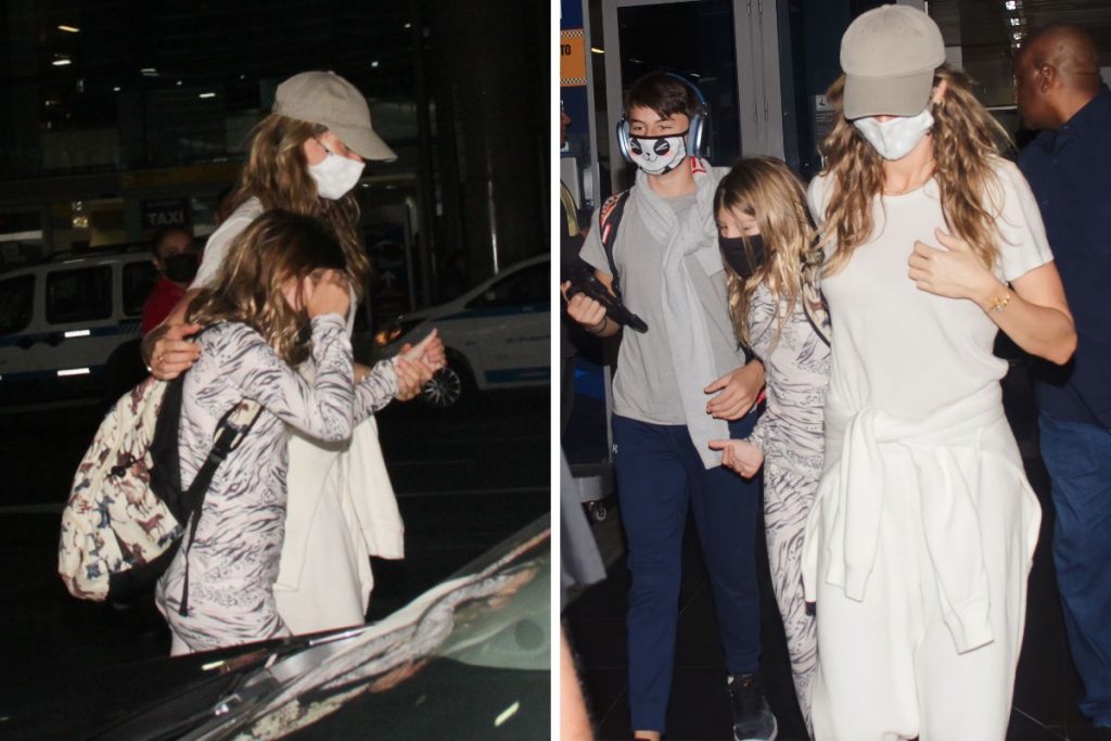 Gisele Bündchen com os filhos no aeroporto de São Paulo