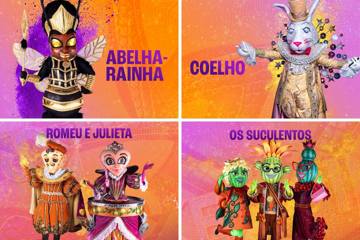 Fotomontagem das fantasias de Abelha-Rainha, Coelho, Romeu e Julieta e Os Suculentos do The Masked Singer Brasil