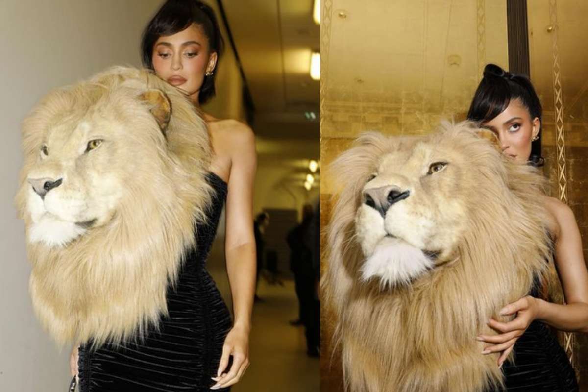 Kylie Jenner com vestido com cabeça de leão falsa