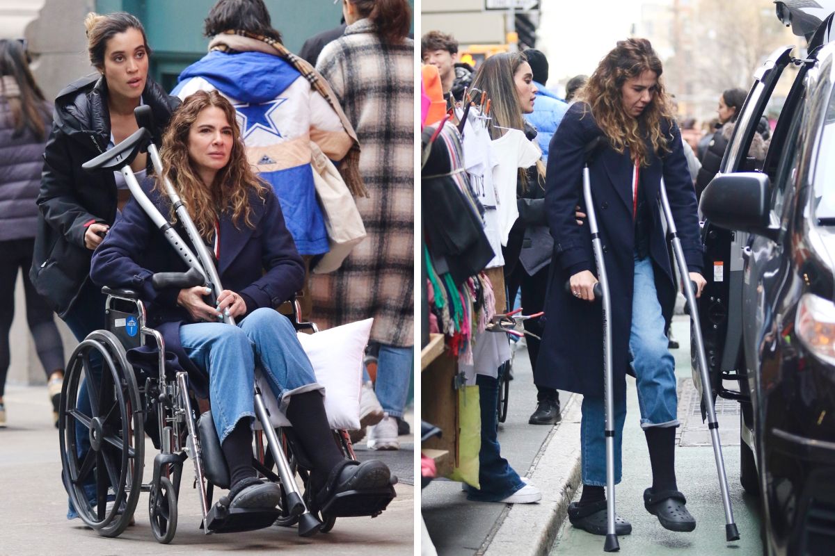 Luciana Gimenez de cadeira de rodas e muletas em Nova York