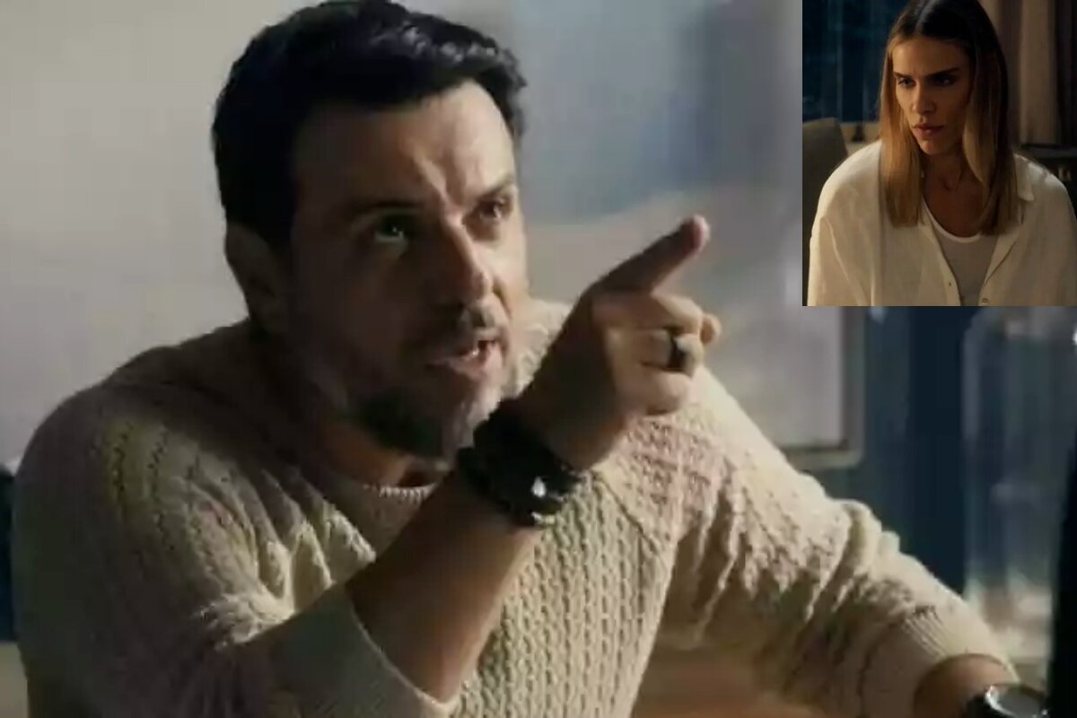 Moretti (Rodrigo Lombardi) com dedo em riste, Sara (Isabelle Nassar) em cena de "Travessia"