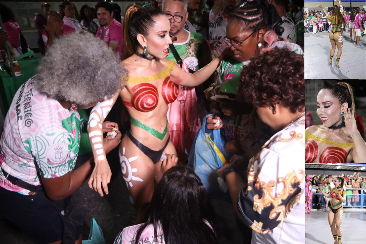 Mulher Melão com o corpo pintado no ensaio técnico da Mangueira na Sapucaí