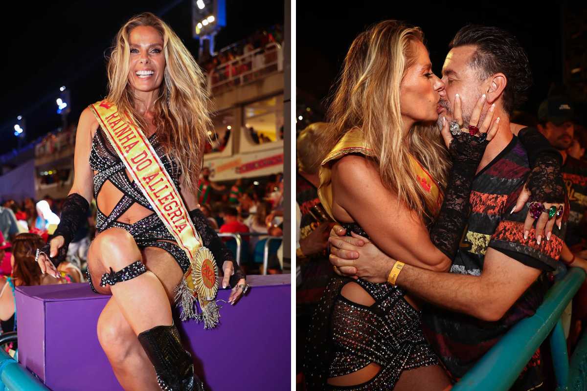 Fotomontagem de Adriane Galisteu posando e beijando maridão, Alexandre Iodice, no Camarote Allegria no Carnaval do Rio de Janeiro