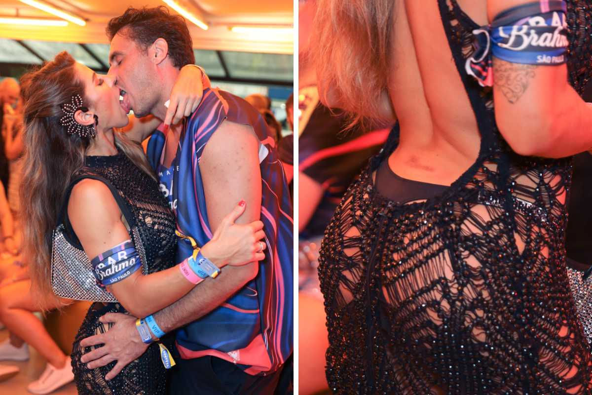 Fotomontagem de Ana Paula Minerato beijando namorado e mostrando hematoma de fantasia usada no Carnaval de São Paulo