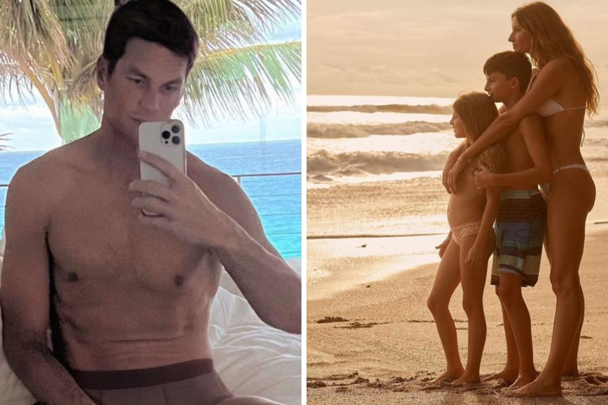 Fotomontagem Tom Brady com celular na mão e Gisele Bündchen vendo o por do sol com os filhos, na praia