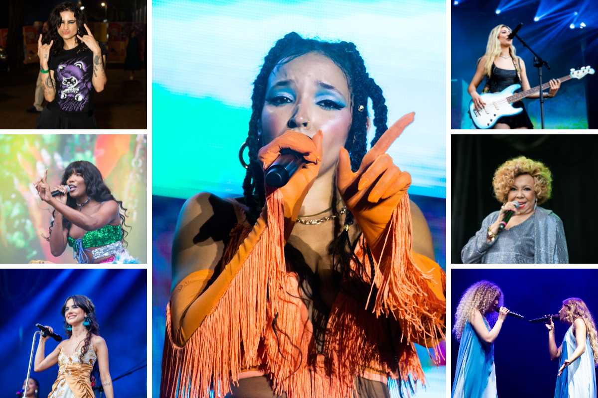 Fotomontagem de Day Limns, Majur, Manu Gavassi, Blu DeTiger, Alcione, ANAVITÓRIA e Tinashe cantando no Festival GRLS