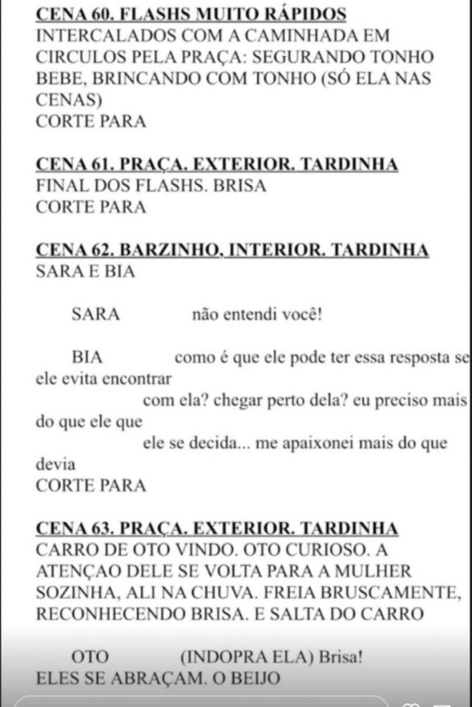 Print do roteiro da cena de Brisa que iria ao ar, postado por Glória Perez em seu Stories