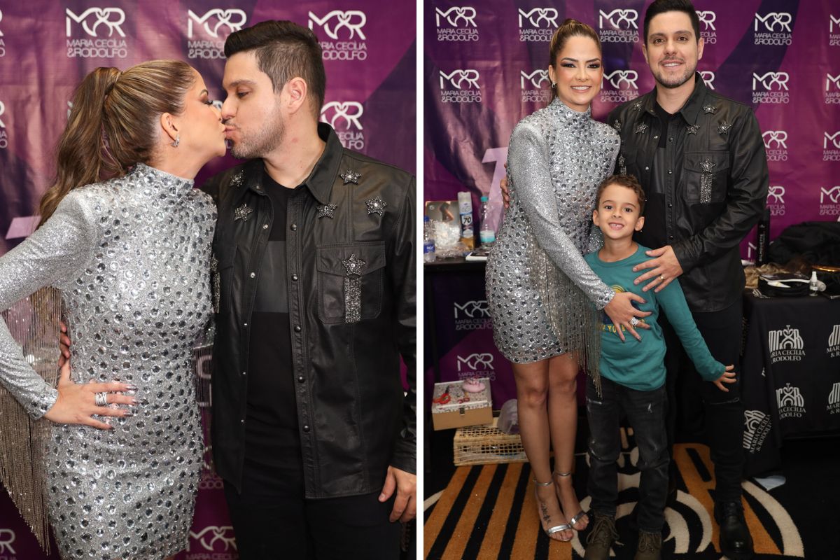 Maria Cecília e Rodolfo posam com filho, pedro, e trocam beijo no camarim de show