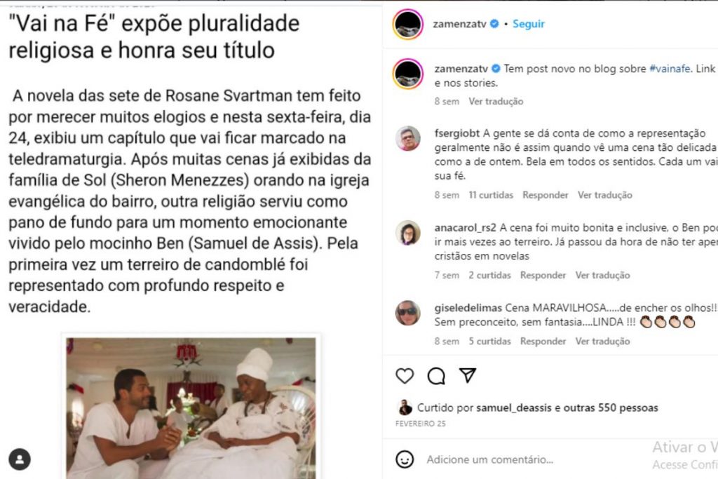 postagem do blog do zamenza no instagram sobre religiosidade de vai na fé