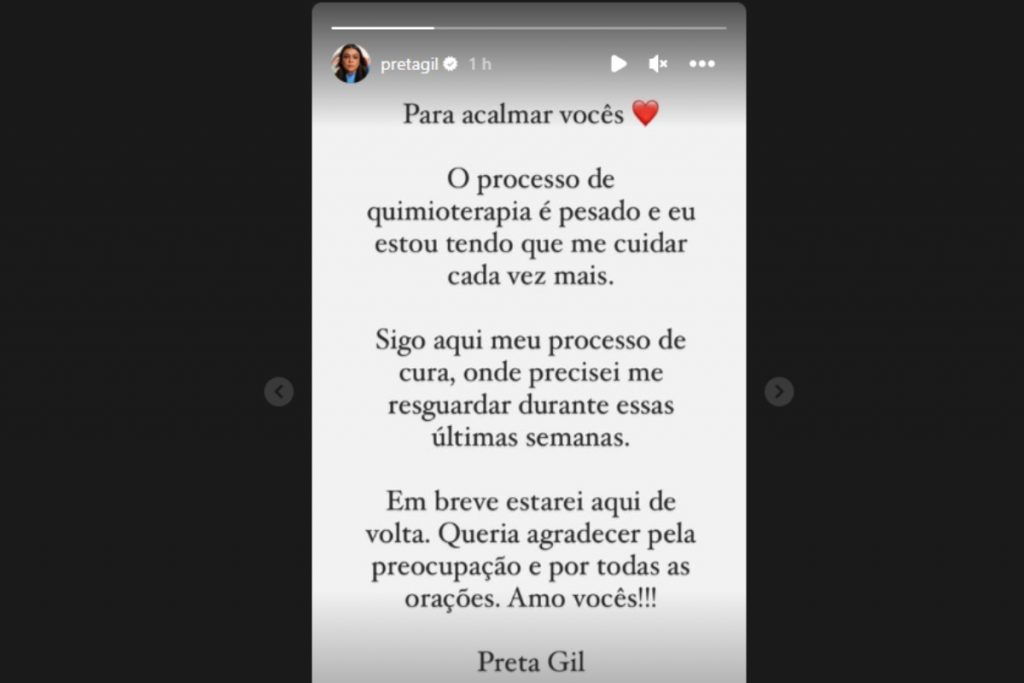 Stories de Preta Gil explicando sumiço do Instagram