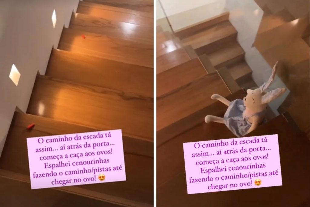 Thais Fersoza mostra escada da casa com pista na caça aos ovos de Páscoa