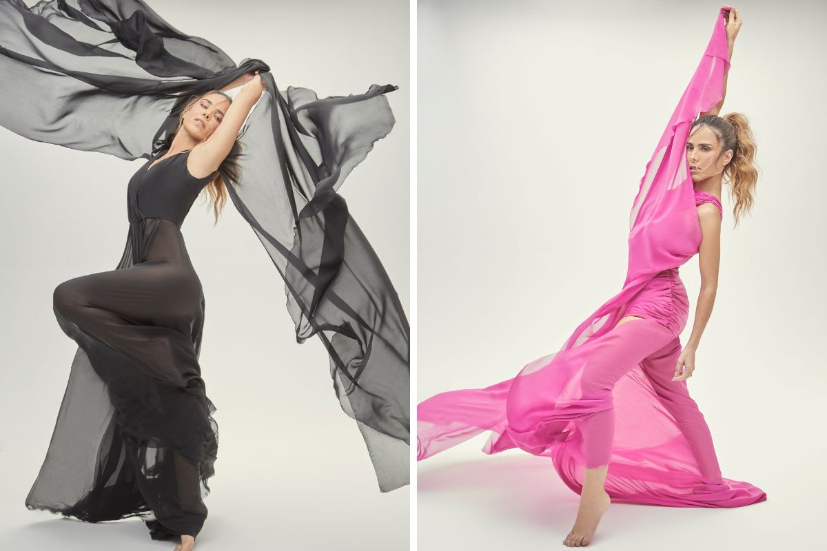 Wanessa Camargo com dois vestidos esvoaçantes: um preto e outro rosa, na gravação do clipe 'Livre'