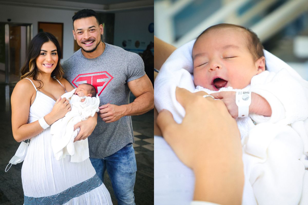 Felipe Franco e Inaê Barros deixam maternidade com filho