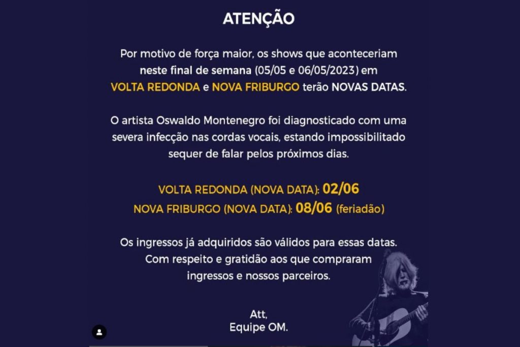 Comunicado sobre infecção de cordas vocais Oswaldo Montenegro