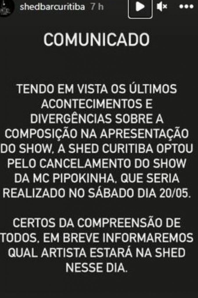 Comunicado cancelamento do show de MC Pipokinha 