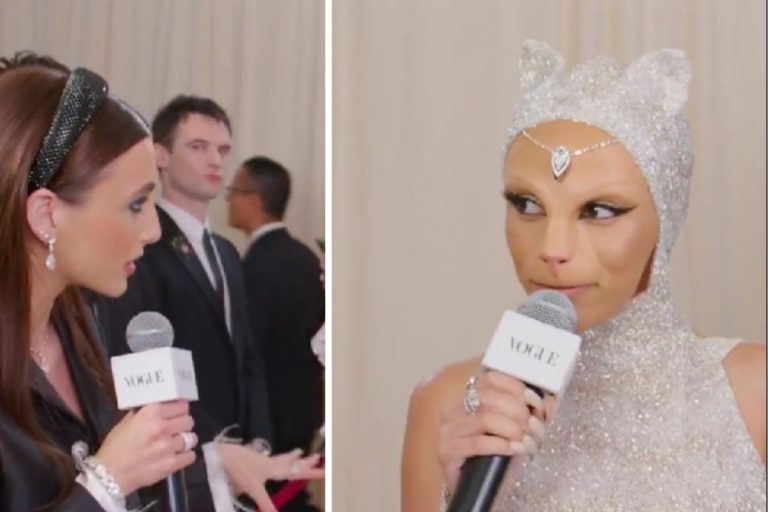 met gala doja cat entra no personagem e dá entrevista miando