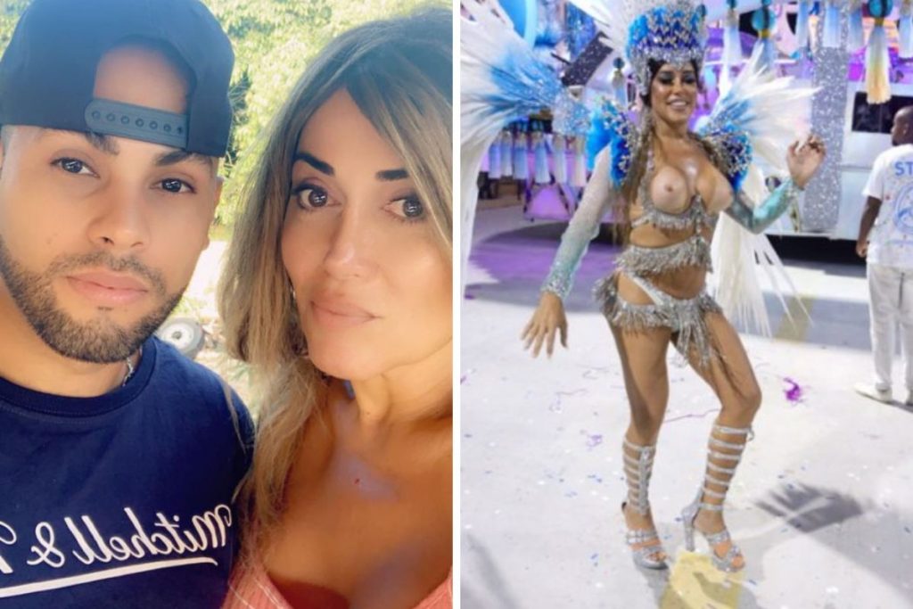 Marcela Porto com o ex-marido e durante o Carnaval, quando desfilou com os seios descobertos