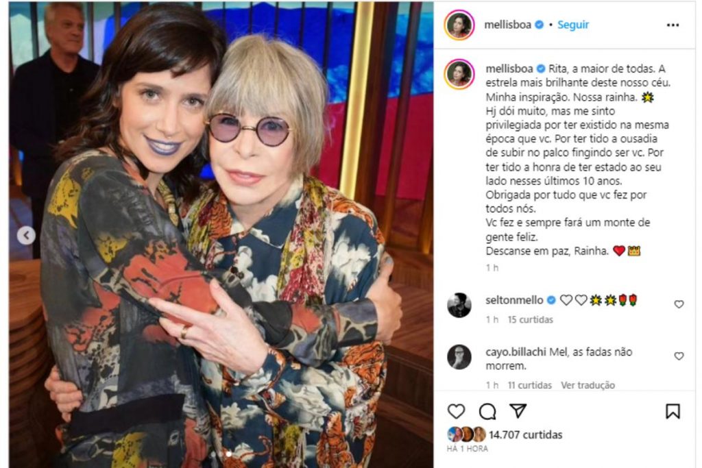 Mel Lisboa homenageando Rita Lee após morte da cantora no Instagram