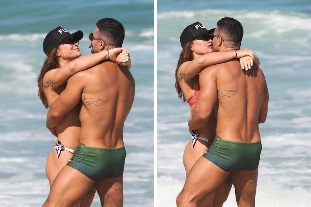 Priscila Fantin e Bruno Lopes beijam muito em praia, no Rio de Janeiro
