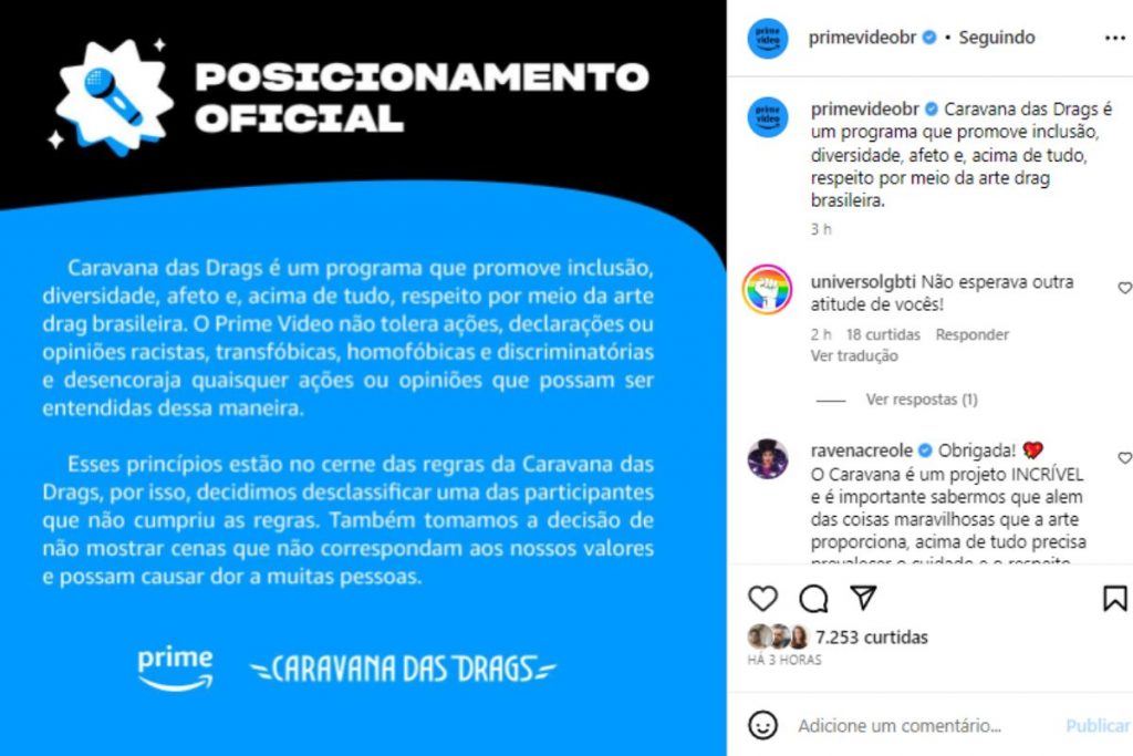 Prime Video se pronunciando sobre desclassificação em Caravana das Drags no Instagram