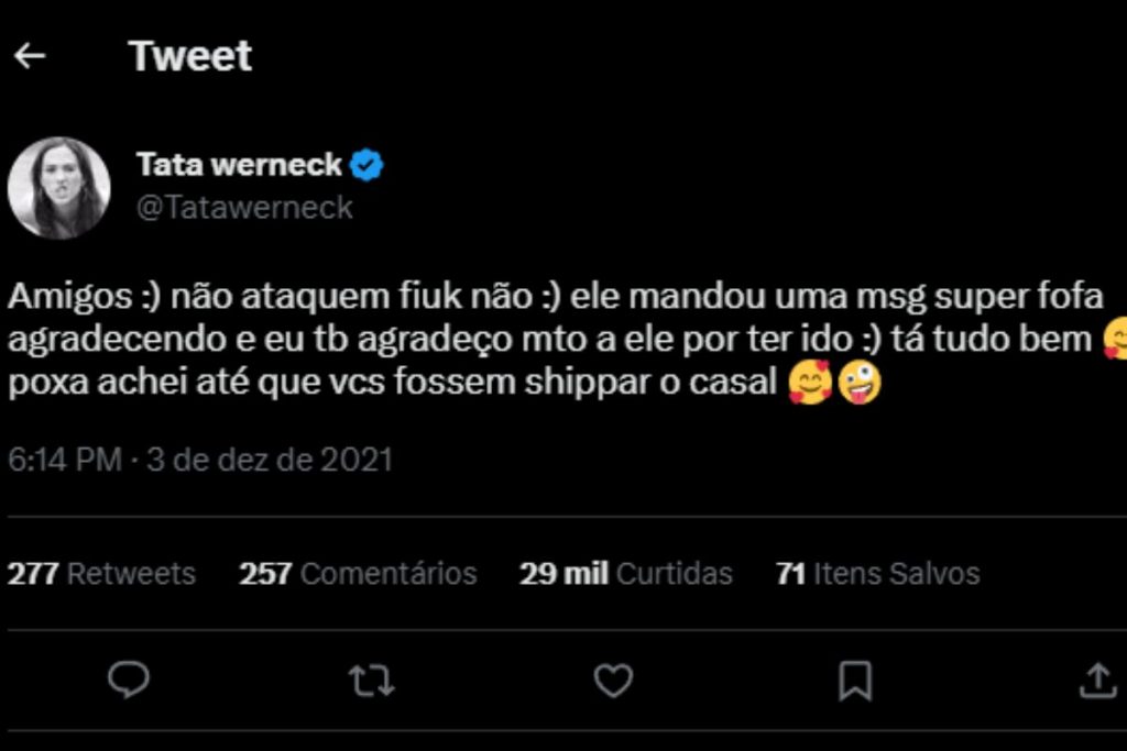 Tata Werneck fim dos ataques