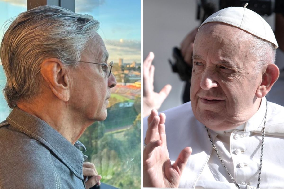 Fotomontagem de retratos de Caetano Veloso com Papa Francisco