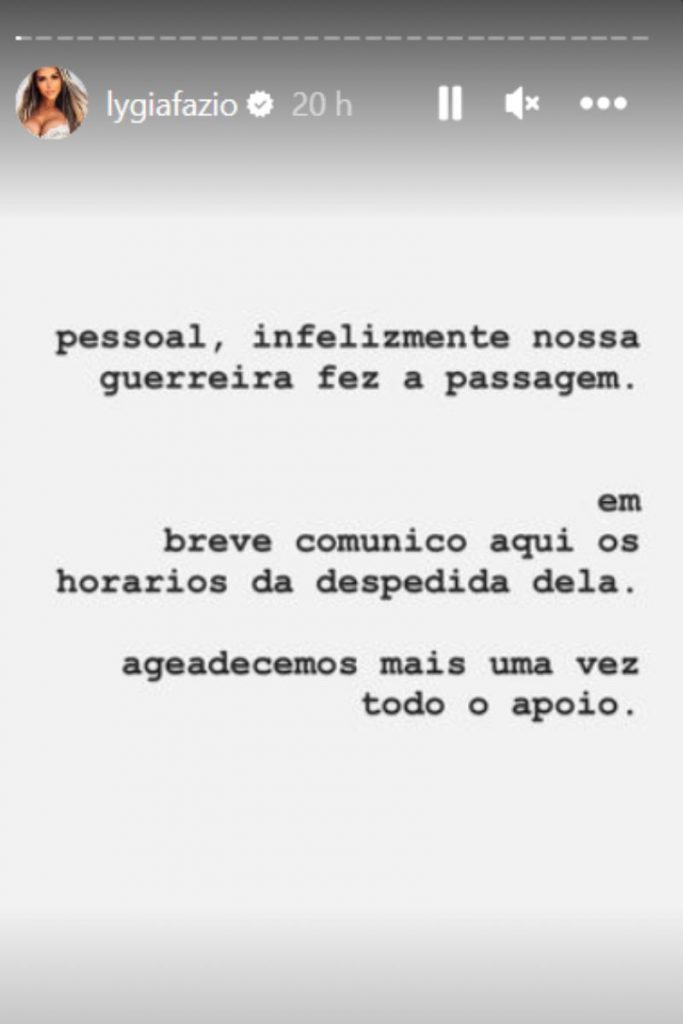 Comunicado de morte de Lygia Fazio