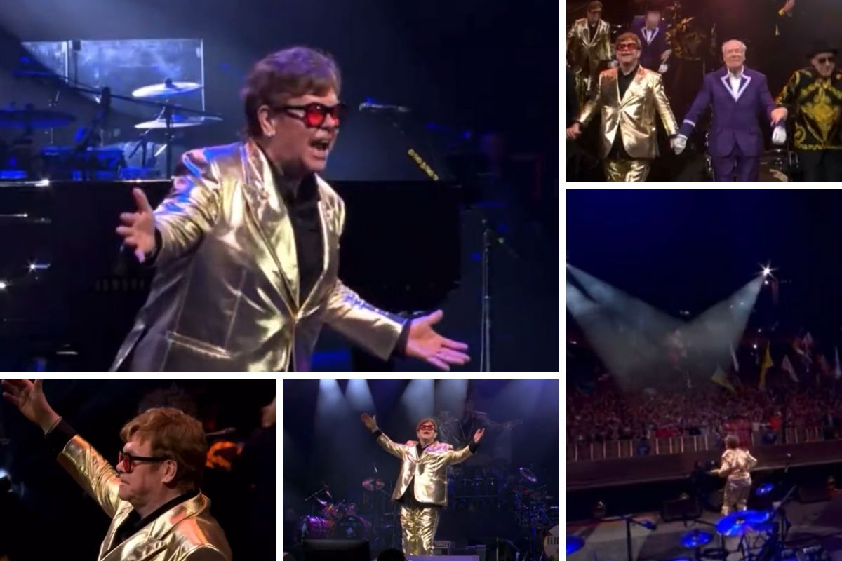 Fotomontagem com momentos de Elton John no Festival Glastonbury, na Inglaterra