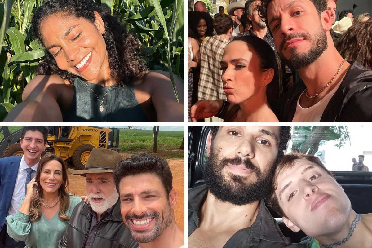 fotomontagem de fotos do elenco nos bastidores de terra e paixão no instagram