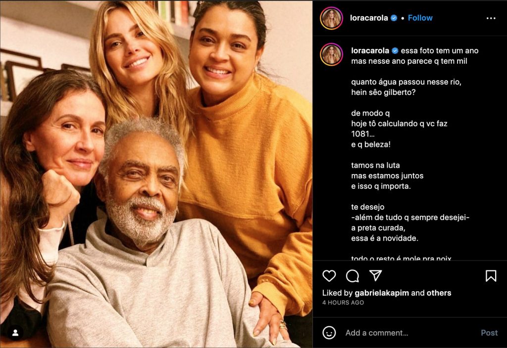 Post de Carolina Dieckmann para Gilberto Gil