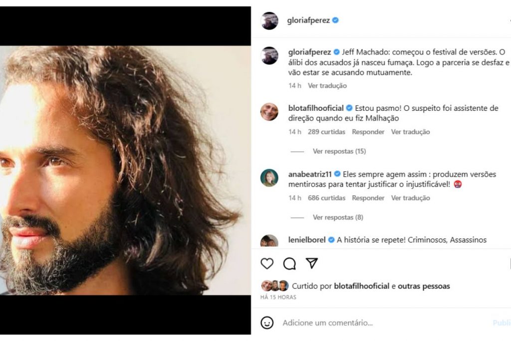 Post de Glória Perez comentando o caso de Jeff Machado