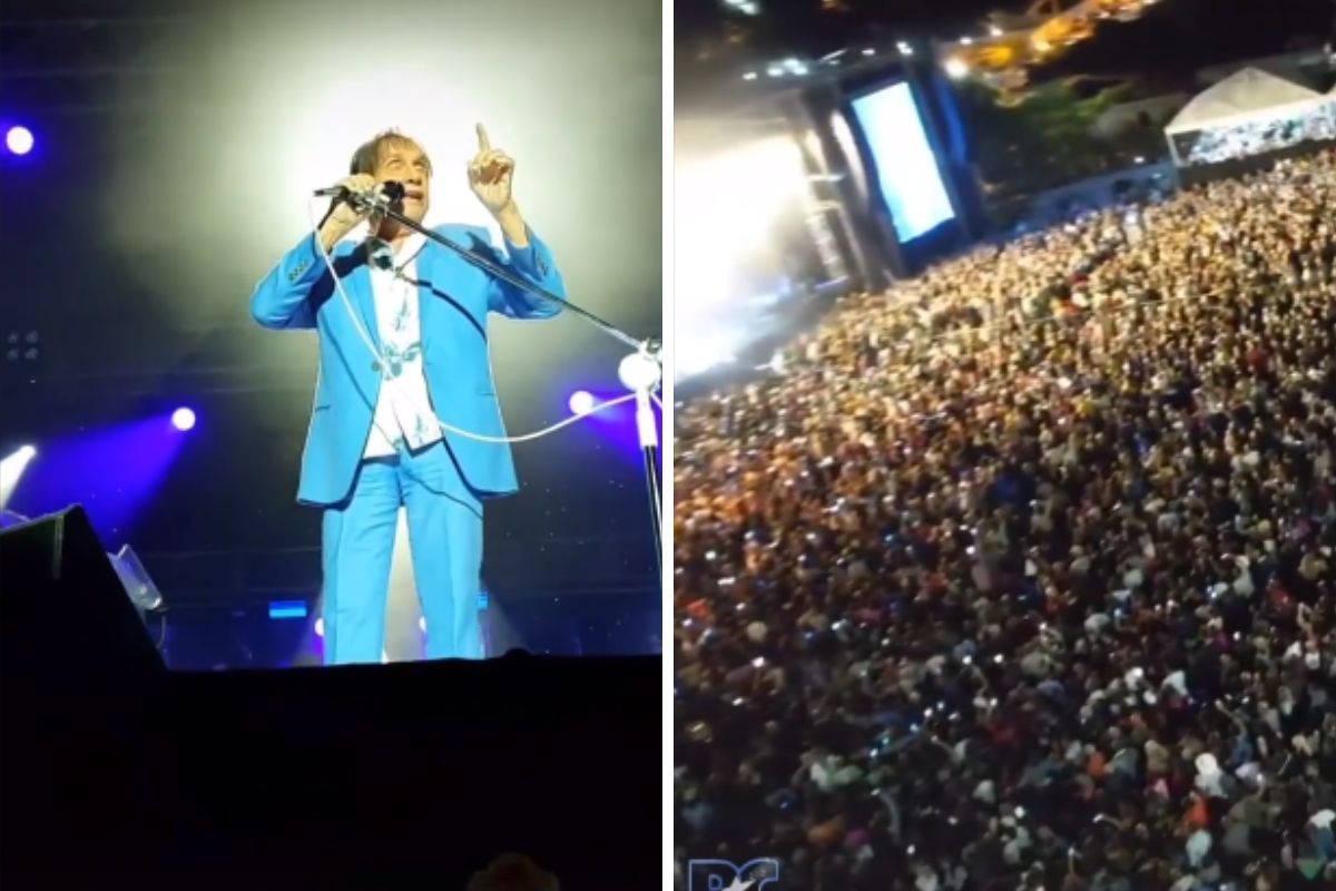 Roberto Carlos e a multidão no show em Trindade, Goiânia