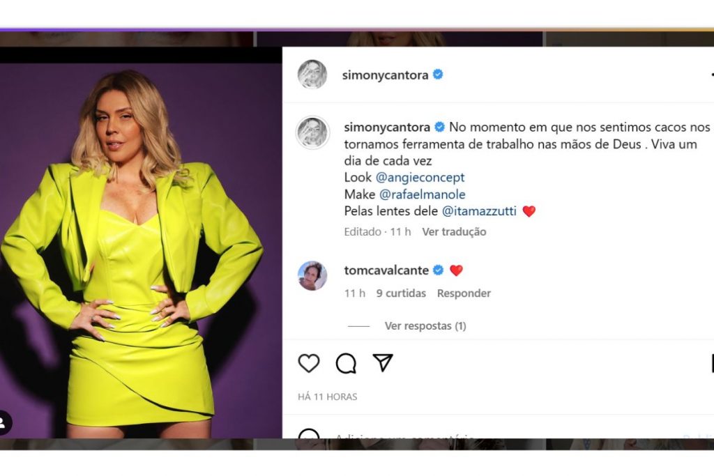 Post de Simony do ensaio fotográfico com look amarela